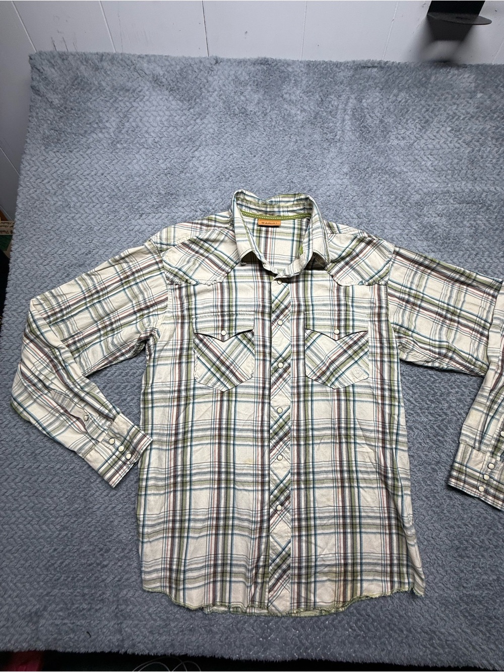 Ariat Cream Plaid Western Button-Down Shirt with Green and Brown Stripes